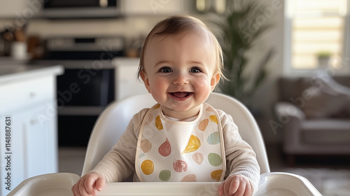 A smiling baby wearing a colorful bib, sitting in a high chair, with a blurred kitchen background and natural light streaming in, adding a sense of home and comfort. photo