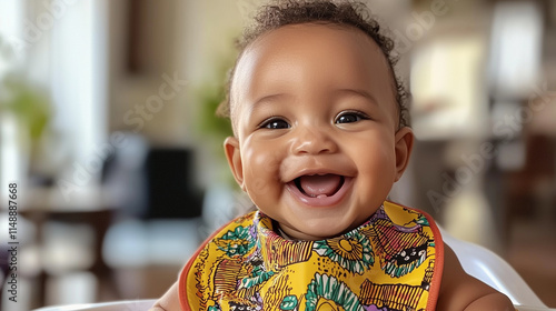 A smiling baby wearing a colorful bib, sitting in a high chair, with a blurred kitchen background and natural light streaming in, adding a sense of home and comfort. photo