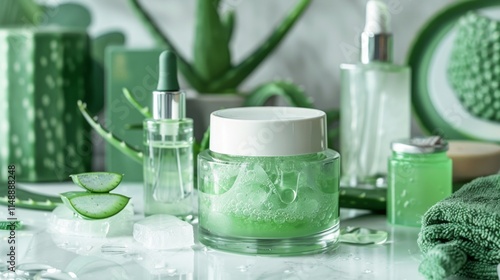 Aloe vera gel in a glass jar surrounded by skincare essentials and fresh aloe leaves for natural beauty care. photo