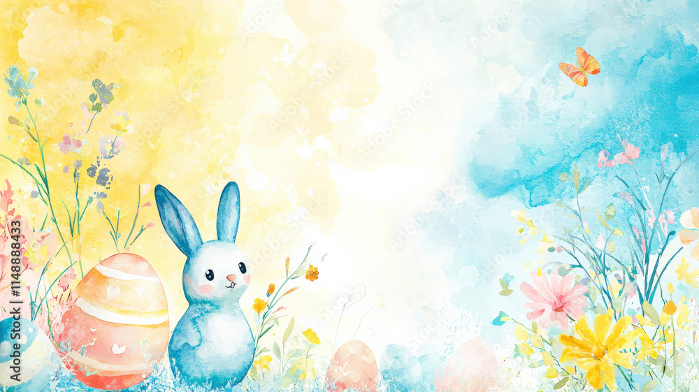 Obraz premium A soft watercolor effect background in pastel tones of yellow, blue, and pink, featuring delicate Easter motifs like eggs, flowers, and bunnies, perfect for artistic and lighthearted designs.