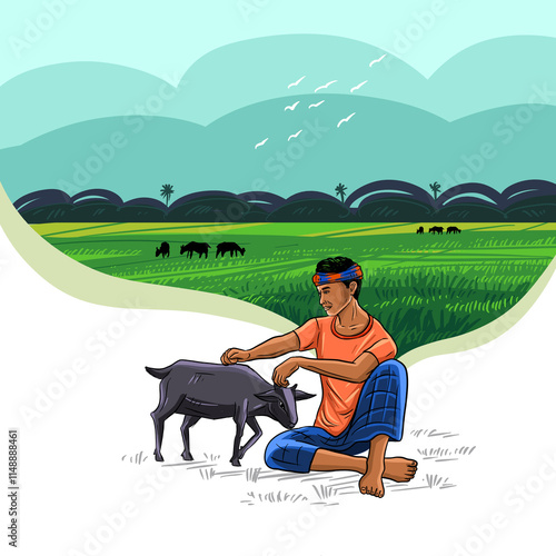 Asian Bangladeshi Farmer collecting crops form crops field. Beautiful nature rural village and happy farmer. colorful artwork illustration farmers work.