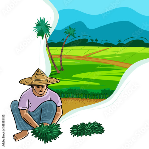 Asian Bangladeshi Farmer collecting crops form crops field. Beautiful nature rural village and happy farmer. colorful artwork illustration farmers work.