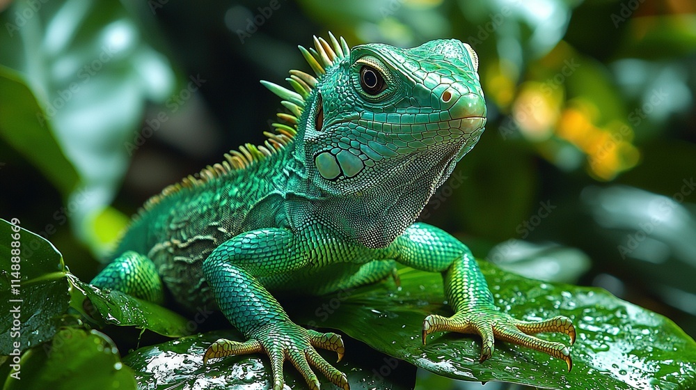 A macro shot of a verdant lizard perched on a foliage-laden twig, adorned with droplets of water on its visage A macro shot of a verdant lizard perched on a foliage-laden twig, adorned with droplets of water on its visage