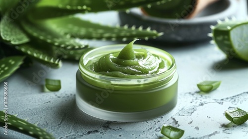 Aloe vera skincare gel in a transparent jar with fresh aloe leaves, showcasing natural hydration and soothing properties. photo