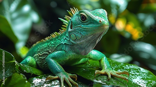  A macro shot of a verdant lizard perched on a foliage-laden twig, adorned with droplets of water on its visage