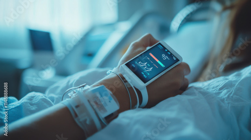 Patient Monitoring Device Displaying Vital Signs in Hospital Bed with Soft Light, Focus on Wristband and Medical Equipment, Healthcare Technology Concept