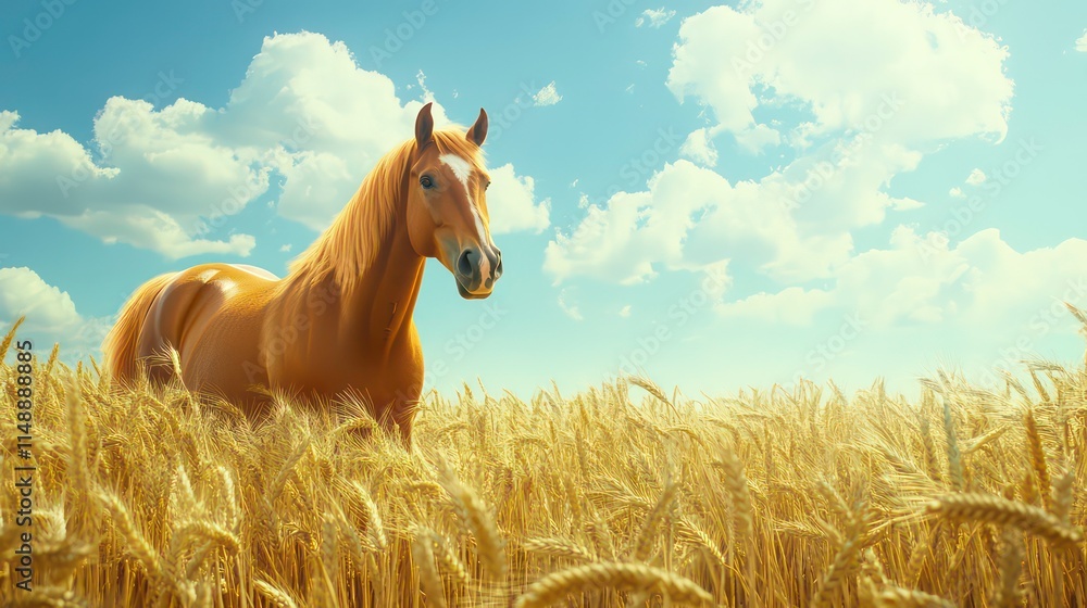 Chestnut horse standing in a golden wheat field under a blue sky with fluffy clouds.