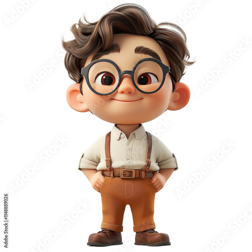 A cartoon character wearing glasses and a white shirt is smiling photo