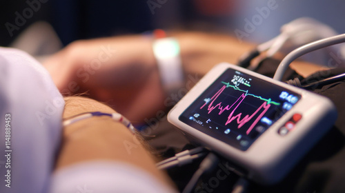 Close-Up of Vital Sign Monitor Displaying Heart Rate and Blood Pressure on Patient's Arm in Hospital Setting