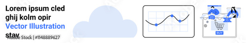 Cloud icon beside a business chart with rising data points and two people shopping online. Ideal for technology, data analytics, e-commerce, cloud services, business growth, digital marketing