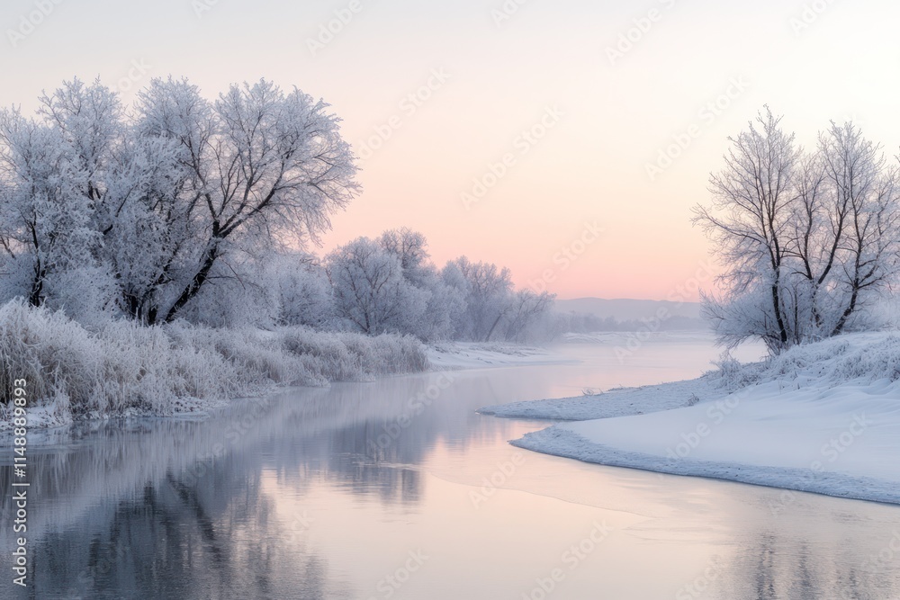 Quiet, frosty river landscape at dawn with snow-covered trees and a pink sky. Quiet, frosty river landscape at dawn with snow-covered trees and a pink sky.