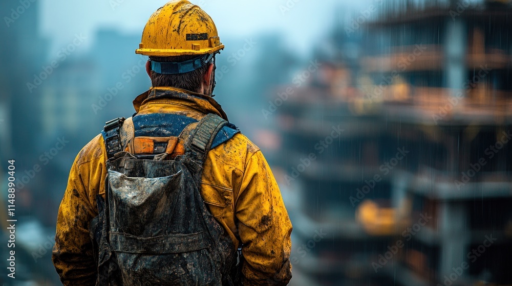 A construction worker in a rain-soaked environment observes ongoing building activity. A construction worker in a rain-soaked environment observes ongoing building activity.