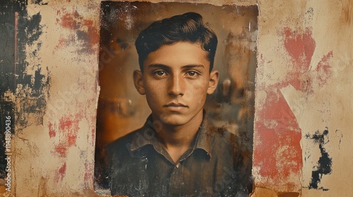 Worn textures and a scan effect create a vintage look for a young mans portrait evoking nostalgia and historical depth in design