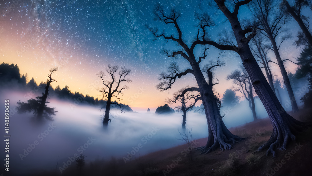 Fototapeta premium Amazing night forest, trees, fog, starry sky