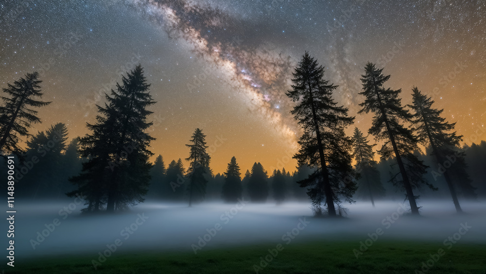 Fototapeta premium Amazing night forest, trees, fog, starry sky