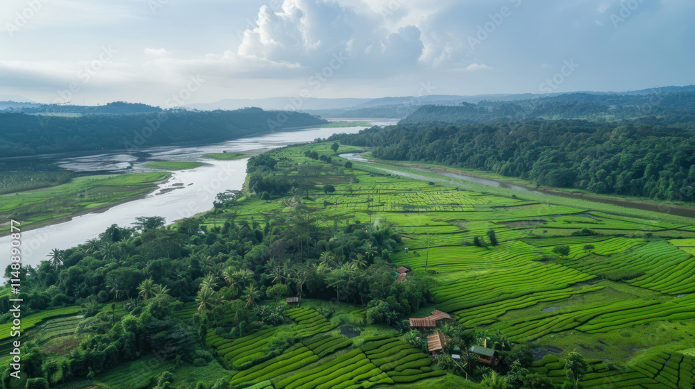 Obraz premium An aerial view of an Assam tea estate, showcasing terraced fields and scenic river backdrops,