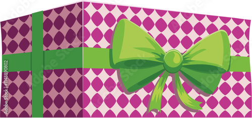 Purple gift box adorned with a geometric pattern, elegantly wrapped in a vibrant green ribbon and bow, embodying celebration, surprise, and joy for special occasions