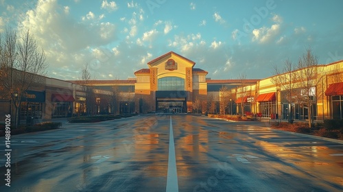 Sunrise over a shopping center's empty parking lot. photo