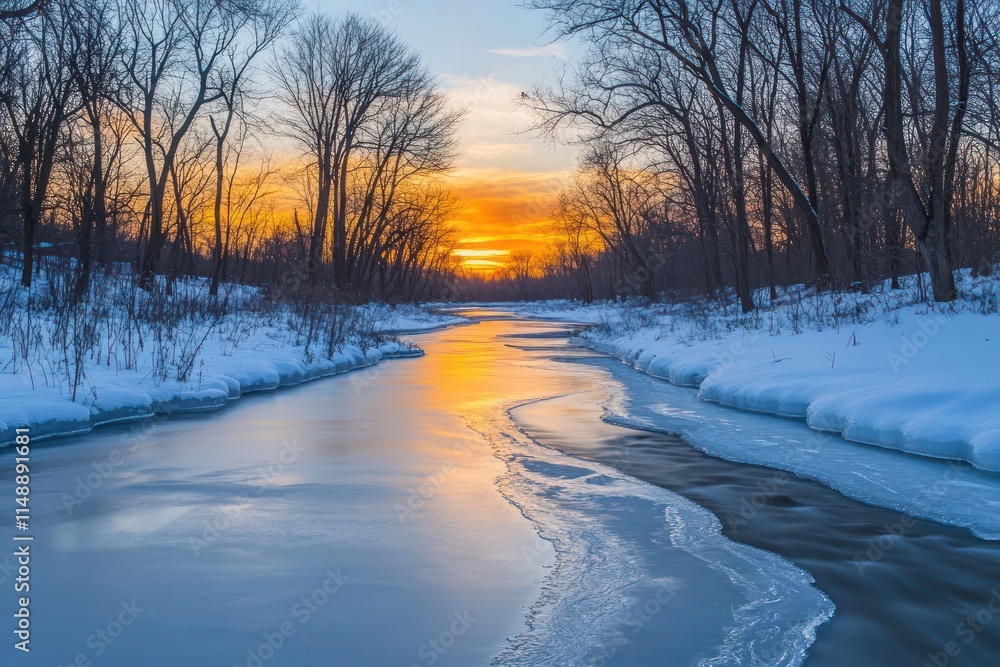 Serene frozen river flowing through a quiet, snowy forest under a vibrant winter sunset. Serene frozen river flowing through a quiet, snowy forest under a vibrant winter sunset.