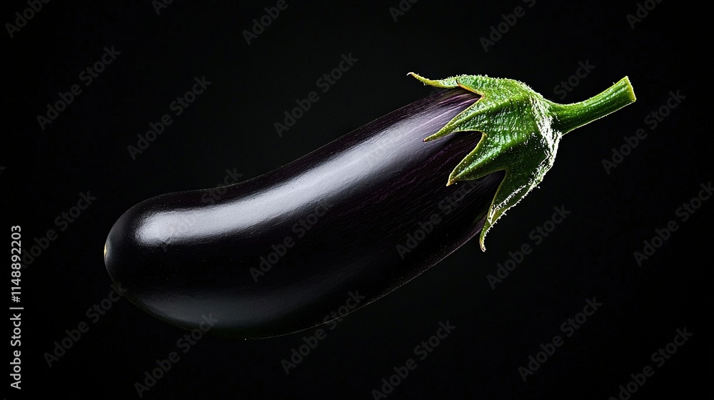 Obraz premium Close-up image of an eggplant on a dark background with a green stem protruding from one end of the vegetable