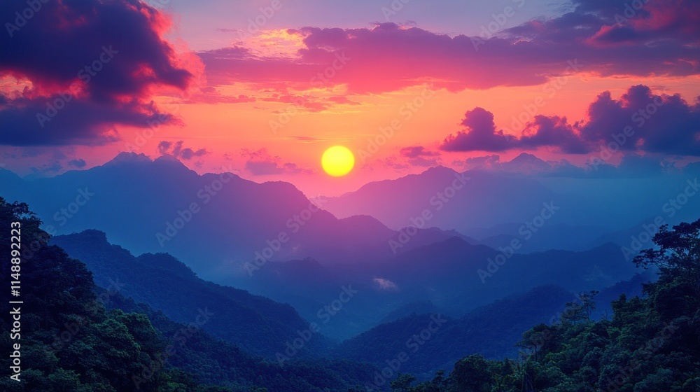 Fototapeta premium Vibrant sunset over misty mountain range.