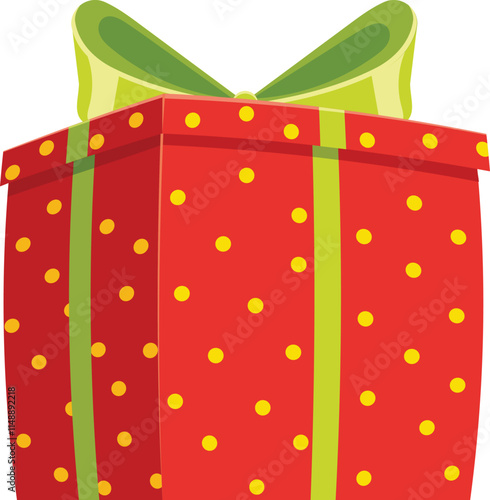 Red gift box with yellow polka dots and green ribbon is a perfect present for Christmas, birthday, anniversary or any other special occasion