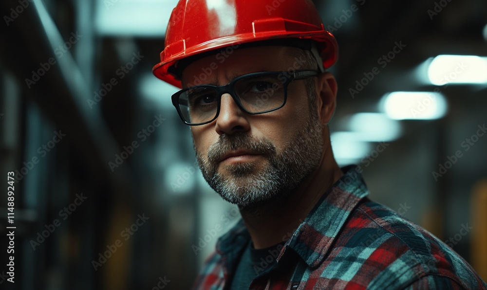 A serious man in a hard hat and glasses, standing in an industrial setting. A serious man in a hard hat and glasses, standing in an industrial setting.