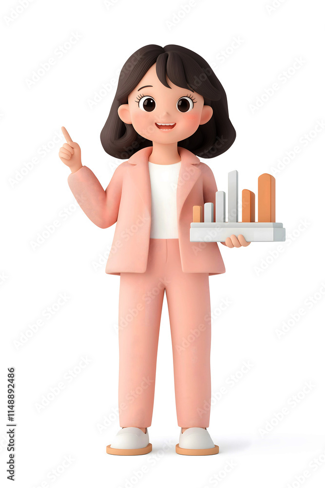 Cartoon businesswoman in a pink suit holding a bar chart and pointing upwards, symbolizing success, growth, and analytics, ideal for concepts of business, progress, and professional Cartoon businesswoman in a pink suit holding a bar chart and pointing upwards, symbolizing success, growth, and analytics, ideal for concepts of business, progress, and professional