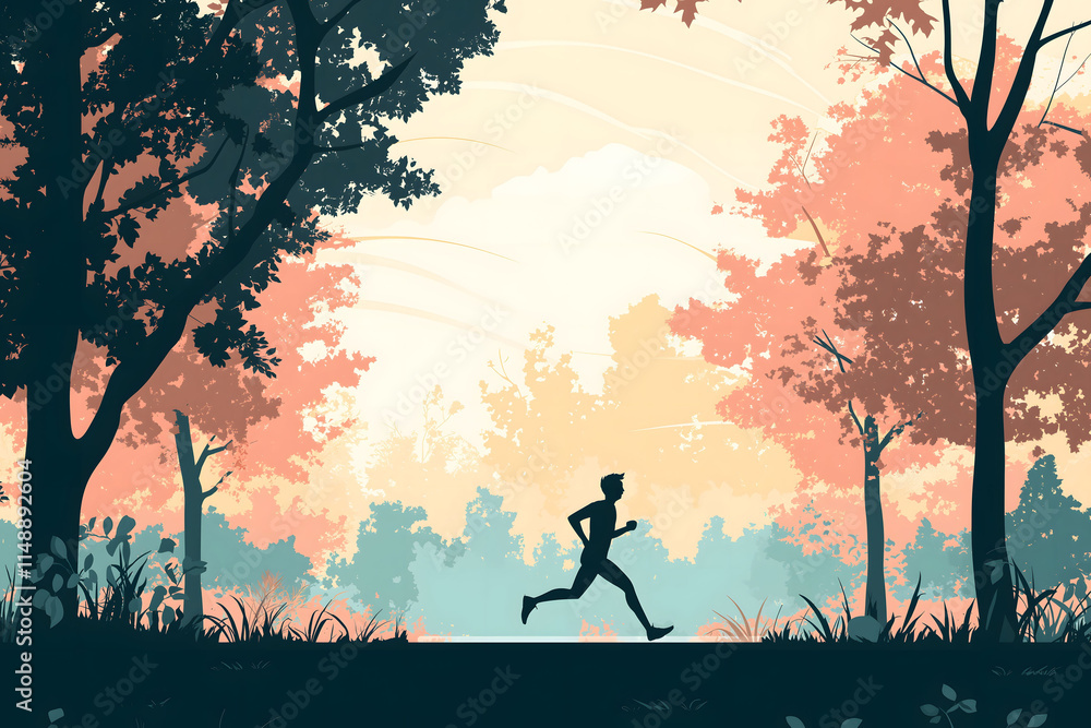 A silhouette of a man jogging through a serene forest scene with colorful autumn trees, symbolizing tranquility, fitness, nature, and mindfulness for outdoor and wellness themes A silhouette of a man jogging through a serene forest scene with colorful autumn trees, symbolizing tranquility, fitness, nature, and mindfulness for outdoor and wellness themes