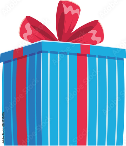 Large blue gift box wrapped with red ribbons and topped with a decorative bow, symbolizing celebration, surprise, and giving on special occasions