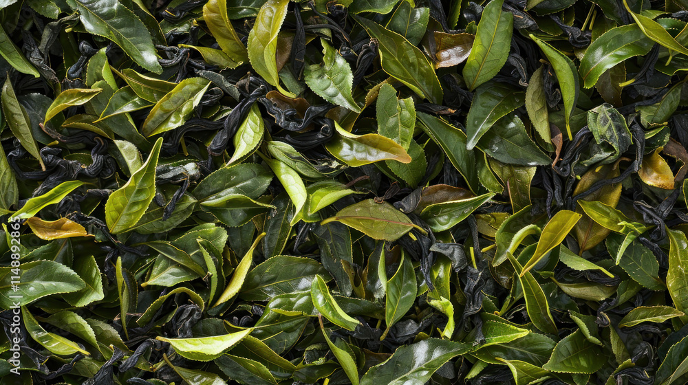 Fototapeta premium A close-up of first flush Darjeeling tea leaves, showcasing their delicate texture and vibrant colors,
