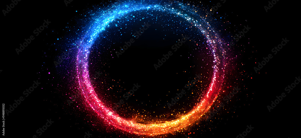 A vibrant circular design with glittering gradients of blue, pink, and orange, set against a black background, symbolizing energy and creativity A vibrant circular design with glittering gradients of blue, pink, and orange, set against a black background, symbolizing energy and creativity