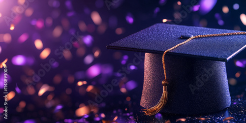 Graduation cap with golden tassel surrounded by colorful confetti