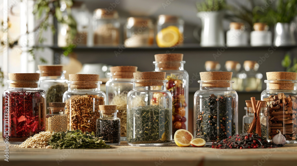 A collection of handcrafted tea blends displayed in glass jars, surrounded by fresh ingredients, A collection of handcrafted tea blends displayed in glass jars, surrounded by fresh ingredients,
