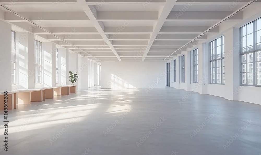 A spacious, well-lit room with large windows and minimalistic design. A spacious, well-lit room with large windows and minimalistic design.