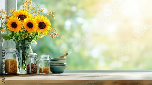   A vase brimming sunflowers perched atop window sill alongside bowl cereal