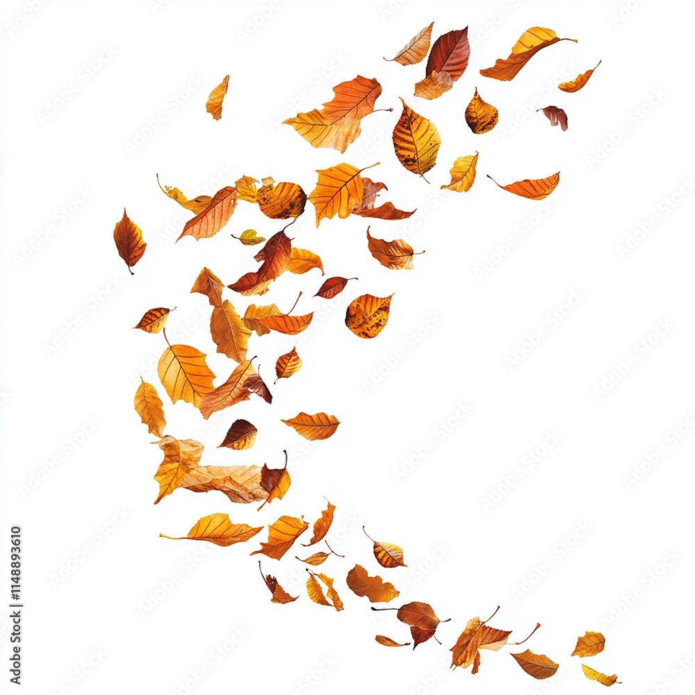 Windblown Leaves Swirling in Motion Isolated on White Background Windblown Leaves Swirling in Motion Isolated on White Background