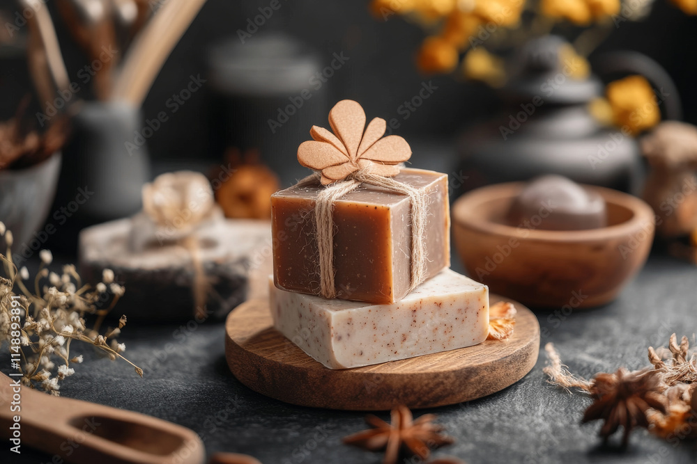 Handmade soap bars wrapped in rustic style, adorned with natural elements Handmade soap bars wrapped in rustic style, adorned with natural elements