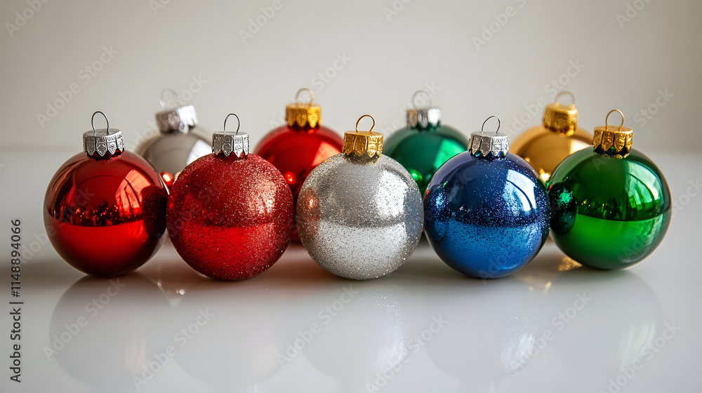 Seven vibrant Christmas ornaments in red, green, blue, silver, and gold glitter. They are arranged in a row on a reflective white surface, creating a festive display. Seven vibrant Christmas ornaments in red, green, blue, silver, and gold glitter. They are arranged in a row on a reflective white surface, creating a festive display.