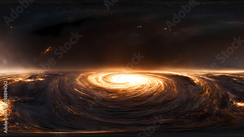 An immersive panorama of a quasars accretion disk, with swirling masses of superheated gas and intense radiation. Quasar. Illustration