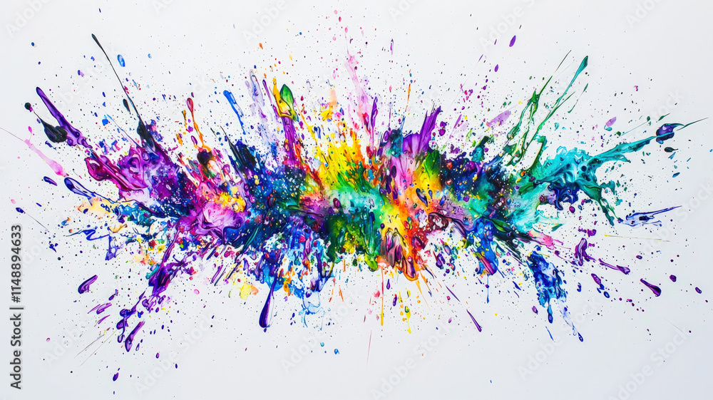 Fototapeta premium A vibrant burst of multicolored paint splatters on a clean white background, radiating energy and creativity, perfect for artistic or dynamic-themed designs and promotions.