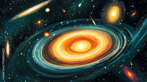 Wallpaper Mural Black hole with colorful galaxies spinning around it quasars are shooting out from the black hole on both sides landscape background. Quasar. Illustration Torontodigital.ca