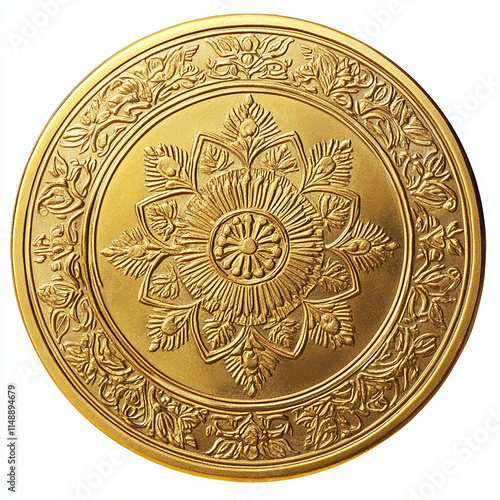Gold Coin with Traditional Engravings Isolated on White Background