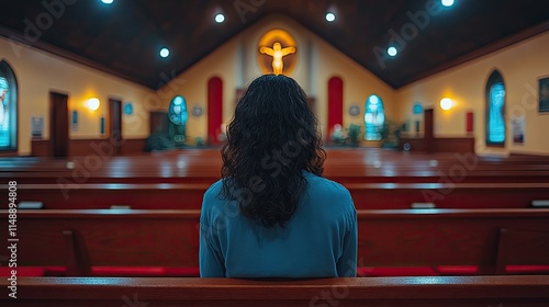 Person sitting in a quiet church pew, contemplating faith and spirituality while bathed in soft, ambient light.