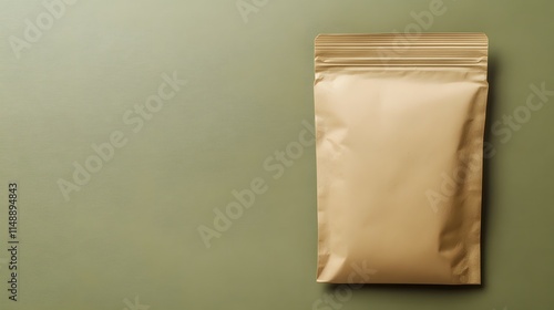 A plain golden packaging pouch on a muted background, suitable for various products. photo