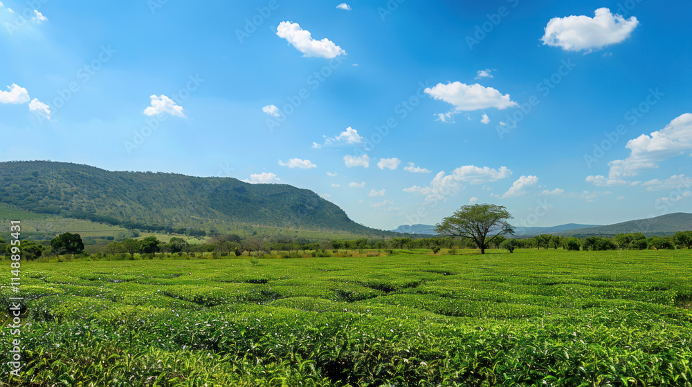 Obraz premium A dramatic tea field with towering hills in the background and a vibrant blue sky overhead,