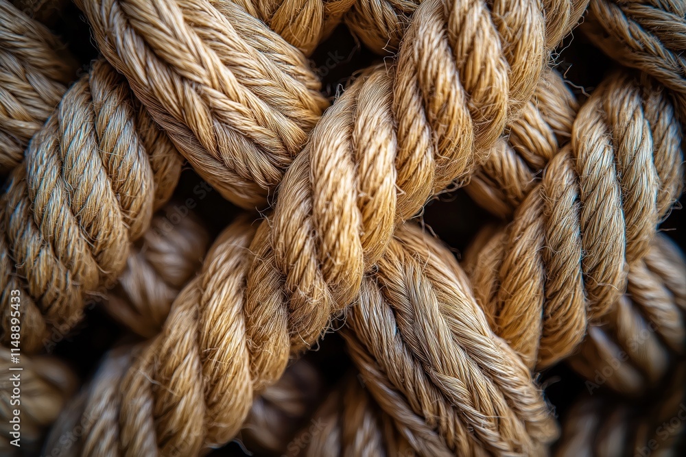 Closeup view of intricately woven rope. Natural fibers intertwine tightly creating textured pattern. Material light brown. Woven design shows craft of rope making. Hand crafted texture, with no Closeup view of intricately woven rope. Natural fibers intertwine tightly creating textured pattern. Material light brown. Woven design shows craft of rope making. Hand crafted texture, with no