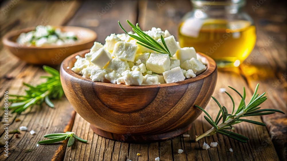 Creamy Feta, Olive Oil & Rosemary: Rustic Bowl, Wooden Background - Candid Food Photography Creamy Feta, Olive Oil & Rosemary: Rustic Bowl, Wooden Background - Candid Food Photography