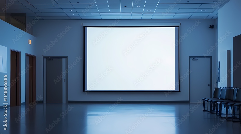 Blank projector screen on the wall in a conference room, ready for a presentation Blank projector screen on the wall in a conference room, ready for a presentation