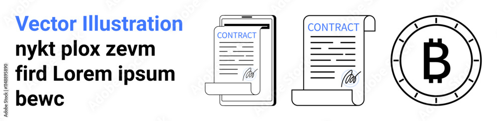 Documents labeled contract with signatures, Bitcoin symbol in coin outline, text sample. Ideal for technology, finance, business agreements, digital currency, blockchain, legal documents, online Documents labeled contract with signatures, Bitcoin symbol in coin outline, text sample. Ideal for technology, finance, business agreements, digital currency, blockchain, legal documents, online